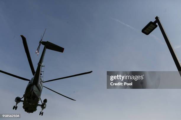 President Donald Trump arrives on Marine One at Walter Reed National Military Medical Center in Bethesda, MD on May 14, 2018. Trump is visiting first...