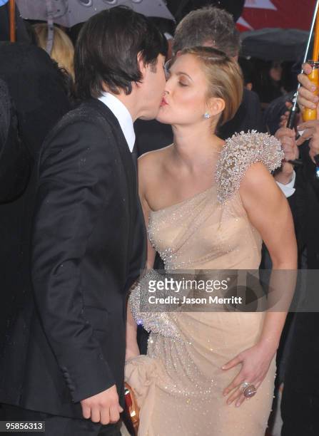 Actress Drew Barrymore and actor Justin Long arrive at the 67th Annual Golden Globe Awards held at The Beverly Hilton Hotel on January 17, 2010 in...