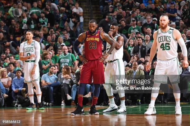 LeBron James of the Cleveland Cavaliers looks on in Game One of the Eastern Conference Finals against the Boston Celtics during the 2018 NBA Playoffs...