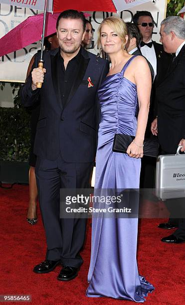 Host Ricky Gervais and Jane Fallon arrive at the 67th Annual Golden Globe Awards at The Beverly Hilton Hotel on January 17, 2010 in Beverly Hills,...