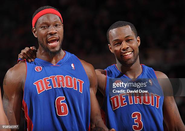 Ben Wallace and Rodney Stuckey of the Detroit Pistons during game against the New York Knicks on January 18, 2010 at Madison Square Garden in New...