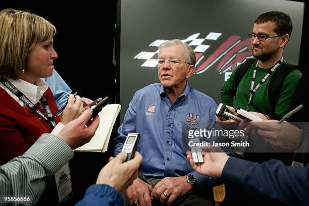 Team owner Joe Gibbs speaks with the media during the NASCAR Sprint Media Tour hosted by Charlotte Motor Speedway on January 18, 2010 in Concord,...