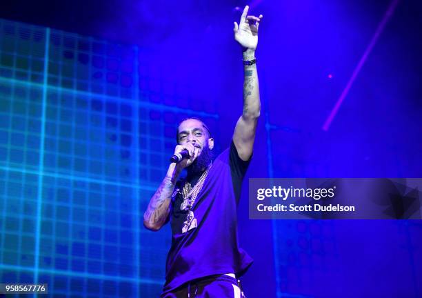 Rapper Nipsey Hussle performs onstage during the Power 106 Powerhouse festival at Glen Helen Amphitheatre on May 12, 2018 in San Bernardino,...