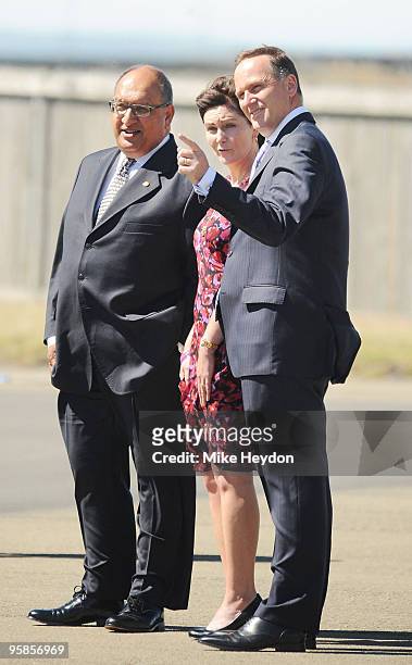 The Hon Sir Anand Satyanand, New Zealand Prime Minister John Key and wife Bronagh Key watch HRH Prince William's RNZAF flight leave Wellington on the...