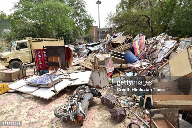 General view of storage area where the confiscated vehicles and belongings as part of MCD anti-encroachment drives are being kept, at Keshavpuram on...