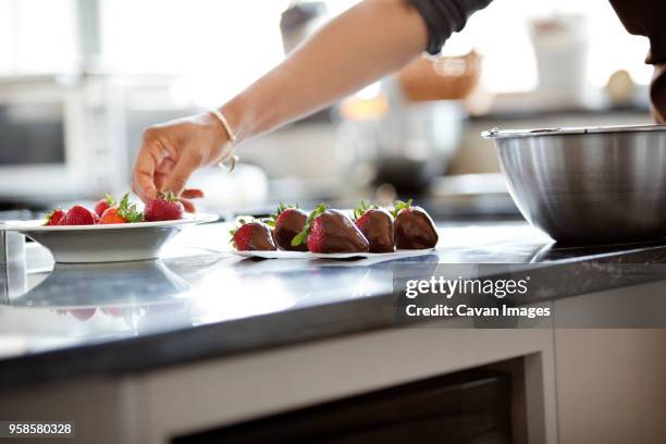 cropped image of woman holding strawberries - chocolate covered strawberries stock-fotos und bilder