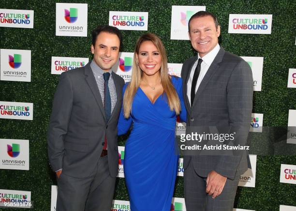 Alejandro Berry, Lindsay Casinelli and Alan Tacher attend the 2018 Univision Upfront at Spring Studios on May 14, 2018 in New York City.