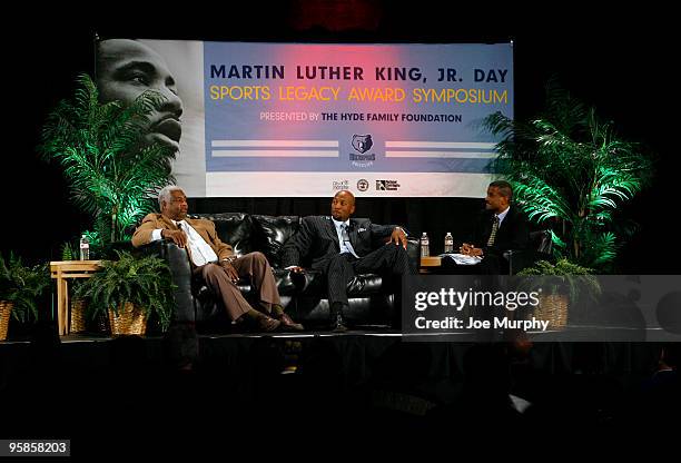 Former NBA players Oscar Robertson and Alonzo Mourning, along with television personality David Aldridge talk during the Martin Luther King, Jr. Day...