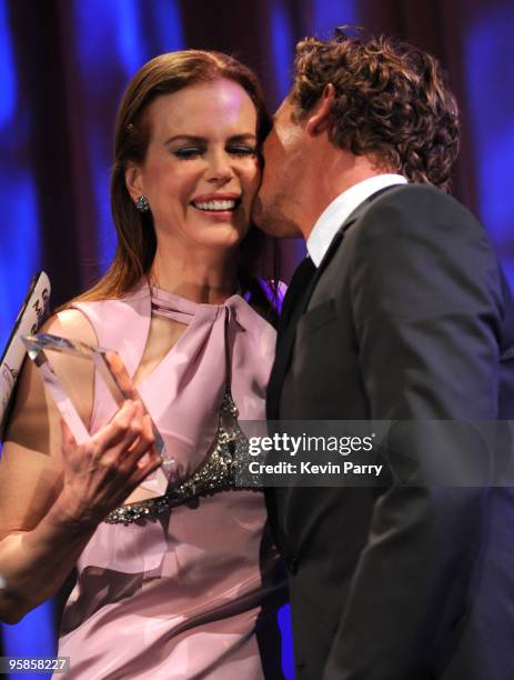 Actress Nicole Kidman and actor Simon Baker onstage at the G'Day USA 2010 Black Tie gala at the Hollywood & Highland Center on January 16, 2010 in...