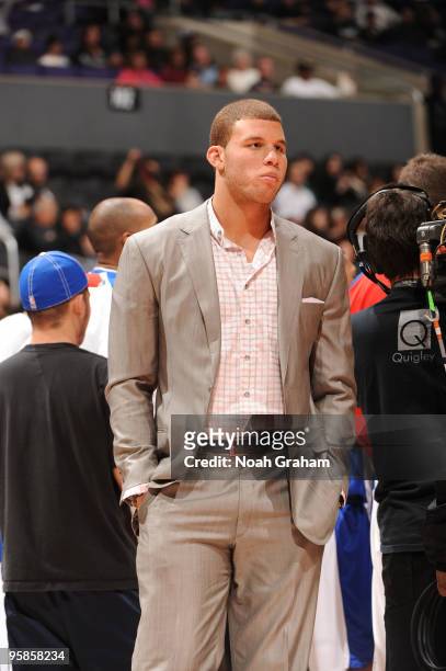 Blake Griffin of the Los Angeles Clippers looks on during a game against the New Jersey Nets at Staples Center on January 18, 2010 in Los Angeles,...