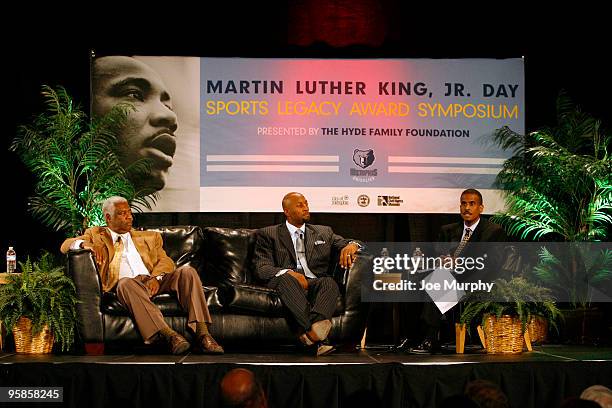 Former NBA players Oscar Robertson and Alonzo Mourning, along with television personality David Aldridge talk during the Martin Luther King, Jr. Day...