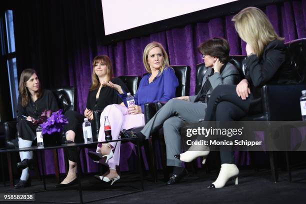 Cynthia Littleton, Amber Tamblyn, Samantha Bee, Kara Swisher and Arianna Huffington speak onstage during the "Full Frontal with Samantha Bee" FYC...