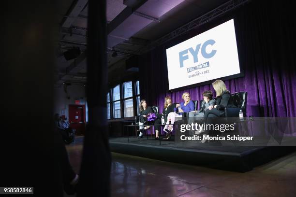 Cynthia Littleton, Amber Tamblyn, Samantha Bee, Kara Swisher and Arianna Huffington speak onstage during the "Full Frontal with Samantha Bee" FYC...