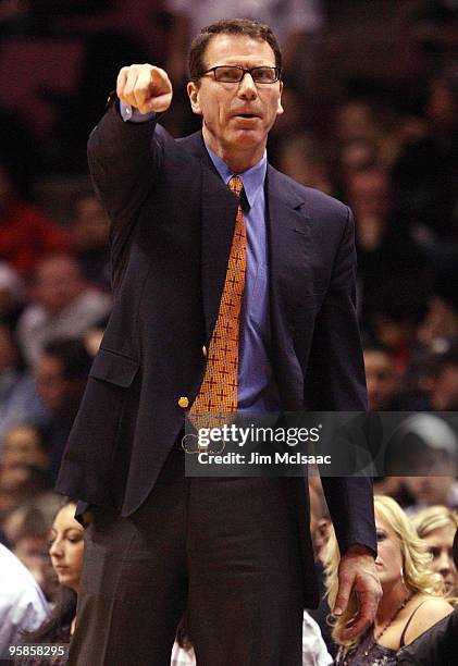 Head coach Kiki Vandeweghe of the New Jersey Nets looks on as his team plays the Indiana Pacers at the Izod Center on January 15, 2010 in East...