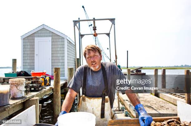 portrait of man standing against sky at fishing industry - fishing hut stock pictures, royalty-free photos & images