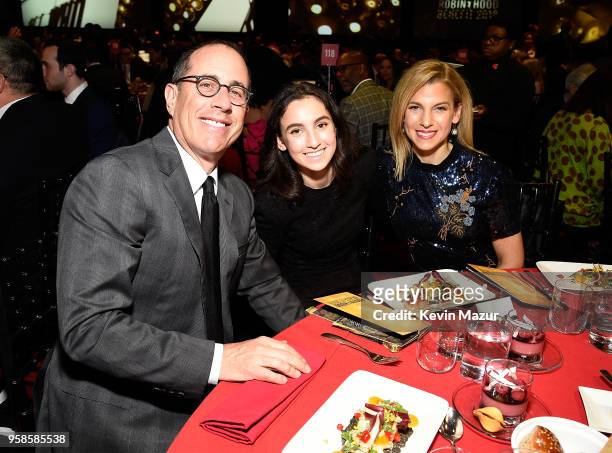 Jerry Seinfeld, Sascha Seinfeld and Jessica Seinfeld attend The Robin Hood Foundation's 2018 benefit at Jacob Javitz Center on May 14, 2018 in New...
