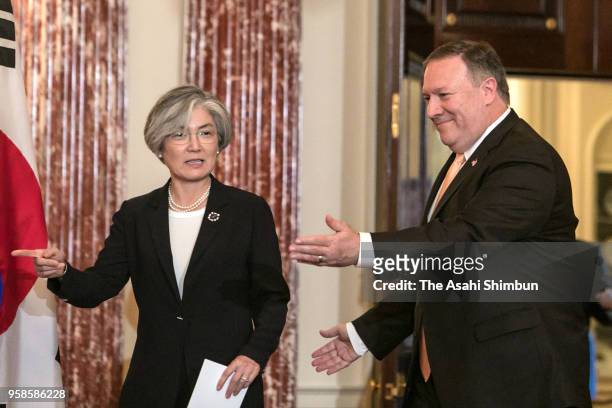 Secretary of State Mike Pompeo and South Korean Foreign Minister Kang Kyung-wha deliver a joint statement and answer questions during a press...
