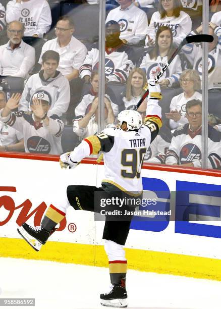Tomas Tatar of the Vegas Golden Knights celebrates his first period goal against the Winnipeg Jets in Game Two of the Western Conference Finals...