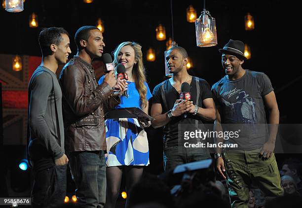 Aston Merrygold, Marvin Humes, Fearne Cotton, Jonathan 'JB' Gill and Oritse Williams appear on stage at the Brit Awards 2010 Shortlist Announcement...