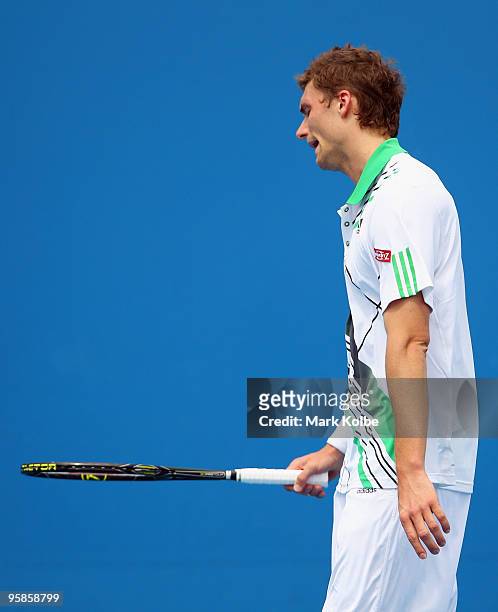 Daniel Brands of Great Britain reacts after a point in his first round match against Evgeny Korolev of Kazakhstan during day two of the 2010...
