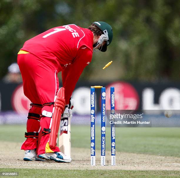 Calum Price of Zimbabwe is bowled during the ICC U19 Cricket World Cup match between New Zealand and Zimbabwe at Bert Sutcliffe Oval on January 19,...