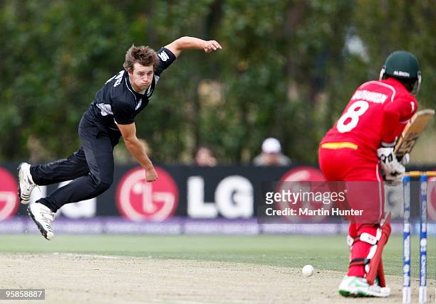 Doug Bracewell of New Zealand bowls during the ICC U19 Cricket World Cup match between New Zealand and Zimbabwe at Bert Sutcliffe Oval on January 19,...