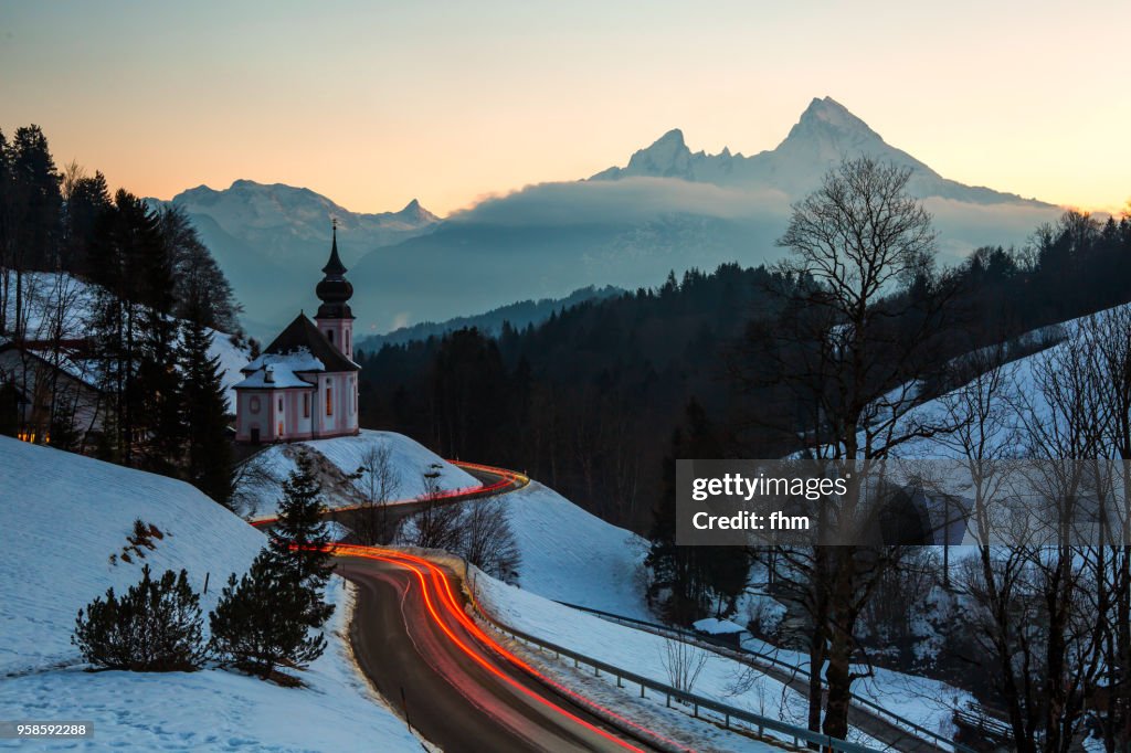 Maria Gern Church in Bavarian Alps with Mount Watzmann in the background (Berchtesgadener Land/ Bavaria/ Germany)