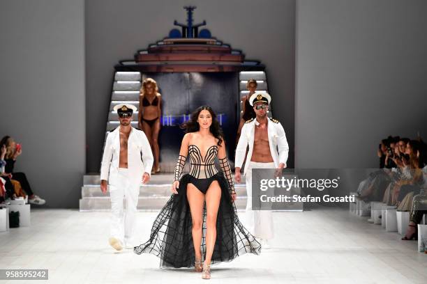 Model Jessica Gomes walks the runway during the Jets show at Mercedes-Benz Fashion Week Resort 19 Collections at Carriageworks on May 15, 2018 in...