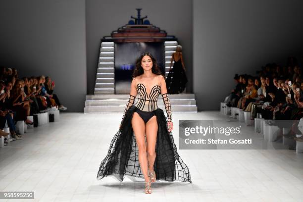 Model Jessica Gomes walks the runway during the Jets show at Mercedes-Benz Fashion Week Resort 19 Collections at Carriageworks on May 15, 2018 in...