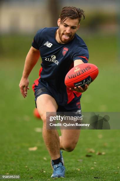 Jack Viney of the Demons catches the ball during a Melbourne Demons AFL training session at Gosch's Paddock on May 15, 2018 in Melbourne, Australia.