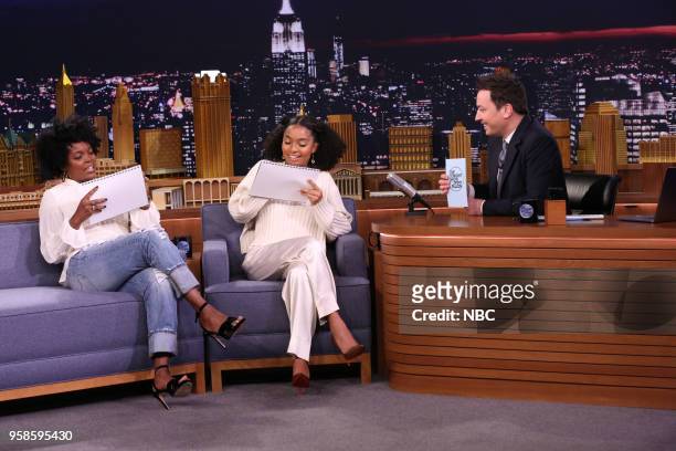 Episode 0871 -- Pictured: Actresses Keri Shahidi and daughter Yara Shahidi during an interview with host Jimmy Fallon on May 14, 2018 --