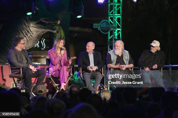 Colin Trevorrow, Laura Dern, Frank Marshall, Phil Tippett and Jack Horner speak on stage at the Jurassic Park 25th Anniversary Celebration at...