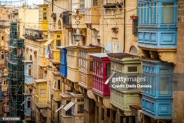 valletta windows - st julians bay stock pictures, royalty-free photos & images