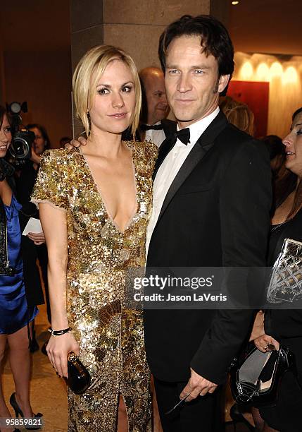 Actress Anna Paquin and actor Stephen Moyer depart the 67th annual Golden Globe Awards at the Beverly Hilton Hotel on January 17, 2010 in Los...