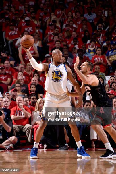 David West of the Golden State Warriors handles the ball against the Houston Rockets in Game One of the Western Conference Finals of the 2018 NBA...