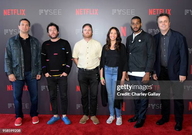Composers Jim Dooley, Kyle Dixon, Michael Stein, Season Kent, Kris Bowers and Sean Callery attend the SCL Music Panel at Netflix FYSEE at Raleigh...