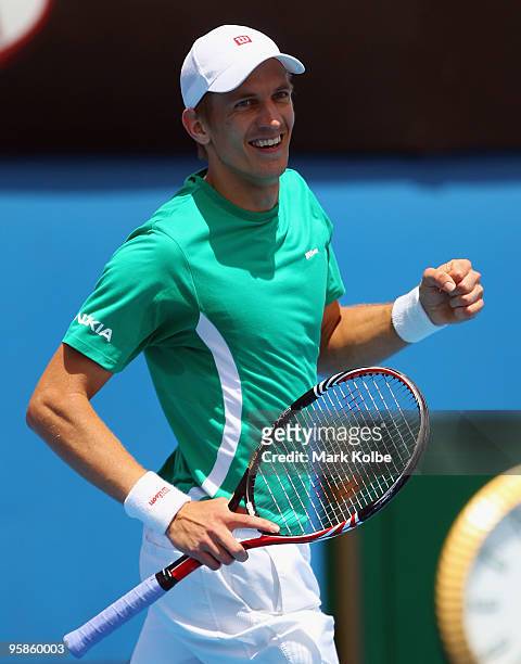 Jarkko Nieminen of Finland celebrates after winning his first round match against Nick Lindahl of Australia during day two of the 2010 Australian...