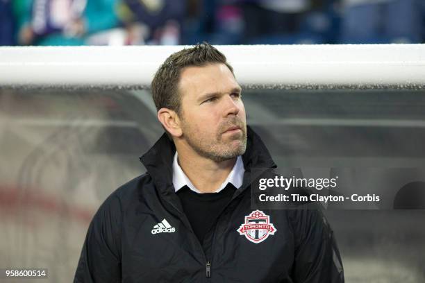 May 12: Greg Vanney, head coach of Toronto FC on the sideline during the New England Revolution Vs Toronto FC regular season MLS game at Gillette...