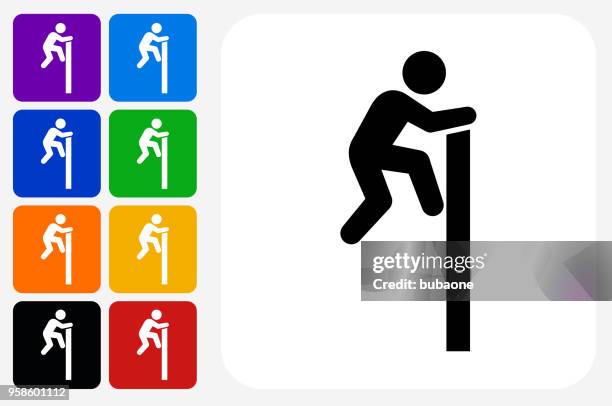 businessman climbing wall icon square button set - orange wall stock illustrations