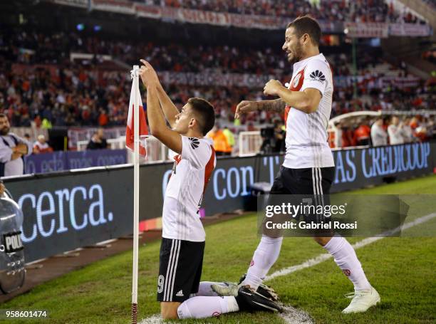 Rafael Santos Borre of River Plate celebrates with Rodrigo Mora after scoring the second goal of his team during a match between River Plate and San...