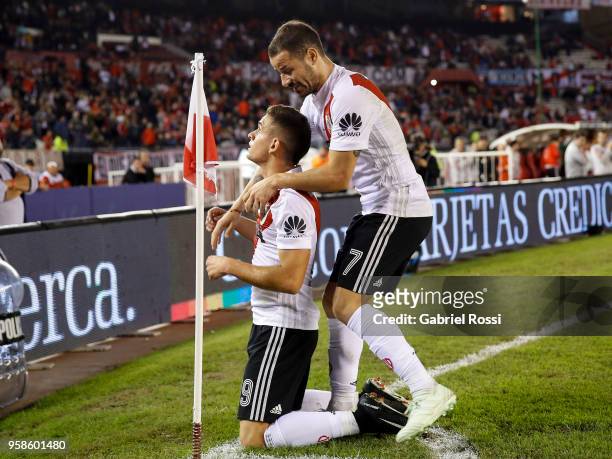 Rafael Santos Borre of River Plate celebrates with teammate Rodrigo Mora after scoring the second goal of his team during a match between River Plate...