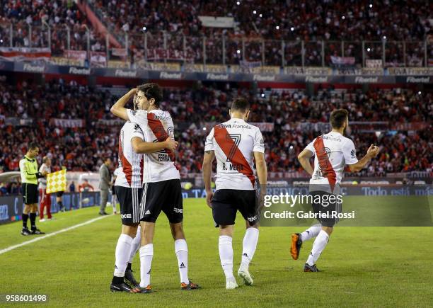 Rafael Santos Borre of River Plate celebrates with teammate Ignacio Fernandez after scoring the second goal of his team during a match between River...