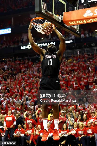 James Harden of the Houston Rockets dunks in the first half against the Golden State Warriors in Game One of the Western Conference Finals of the...