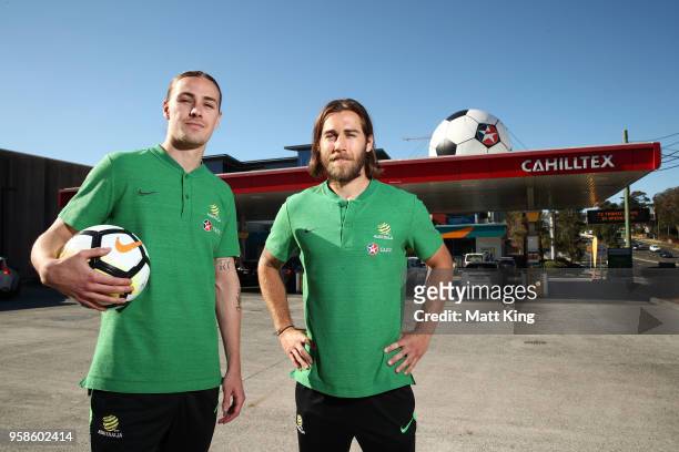 Jackson Irvine and Josh Brillante of the Socceroos pose during a Socceroos media opportunity on May 15, 2018 in Sydney, Australia. Socceroos manager...