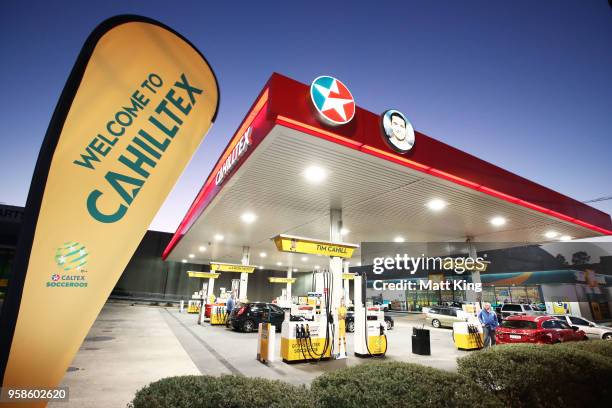 Caltex service station is rebranded to read 'Cahilltex' as a tribute to Tim Cahill during a Socceroos media opportunity on May 15, 2018 in Sydney,...