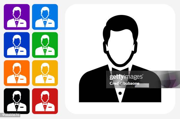 male face icon square button set - orange bow tie stock illustrations