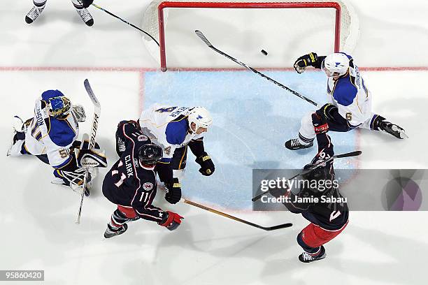 Samuel Pahlsson celebrates after Chris Clark, both of the Columbus Blue Jackets, beat goaltender Chris Mason of the St. Louis Blues to score during...