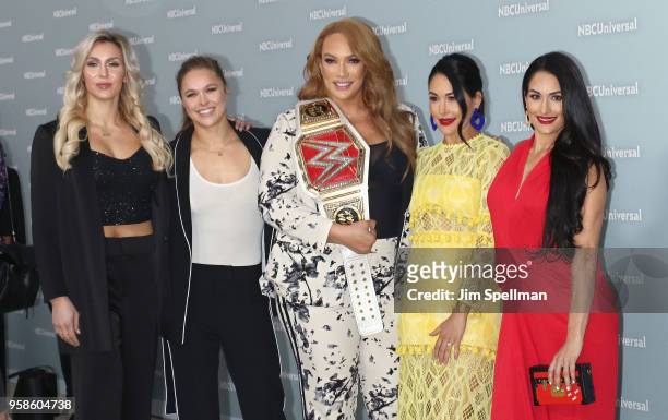 Professional wrestlers Charlotte Flair, Ronda Rousey, Nia Jax, Brie Bella and Nikki Bella attend the 2018 NBCUniversal Upfront presentation at...