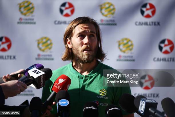 Josh Brillante of the Socceroos speaks to the media during a Socceroos media opportunity on May 15, 2018 in Sydney, Australia. Socceroos manager Bert...