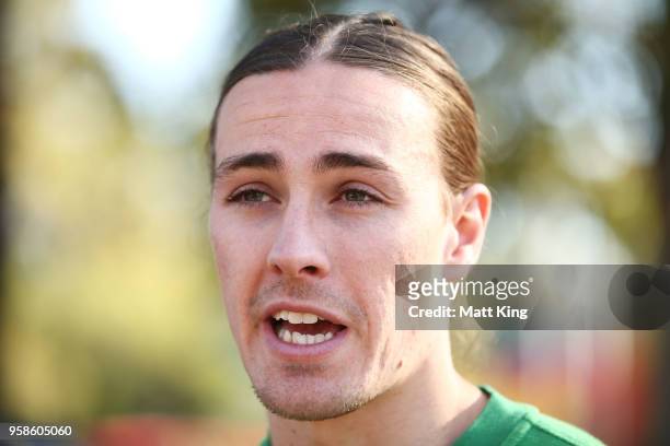 Jackson Irvine of the Socceroos speaks to the media during a Socceroos media opportunity on May 15, 2018 in Sydney, Australia. Socceroos manager Bert...